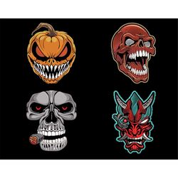 Halloween Brutal Skulls Embroidery Bundle - Cyberpunk Demon, Red Vampire, Angry Pumpkin Head Designs for Dark Fabric, Cr