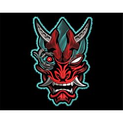 Cyberpunk Embroidery Design, Halloween Large Cyber Oni Demon Angry Head, Machine embroidery files in 5 sizes