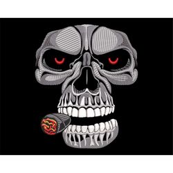 Brutal Skull Embroidery Design, Halloween Skeleton Head, Smoking Demon Machine files in 4 sizes