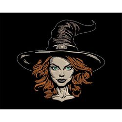 Pretty Witch Face Embroidery Design - Halloween Hat, Red Hair & Green Eyes for Dark Fabrics, Festive Female Beauty Machi