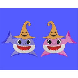 Halloween Shark Embroidery Design - Boy and Girl Sharks with Festive Orange Hats, Fill Stitch Files - Spooky Aquatic Mac