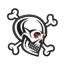 Skull Crossbones Embroidery Design, Halloween Skeleton Cross Bones, Red Eyed Demon, Machine files in 4 sizes