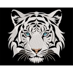 White Tiger Face Embroidery Design for Dark Fabric - Majestic Fill Stitch Wild Animal Head, Machine Embroidery Files in