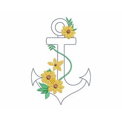 Floral Anchor Embroidery Design - Flowers and Stem like a Rope - Nautical Backstitch Contour - Machine embroidery files