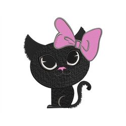 Cute Kitty Girl with Pink Bow Embroidery Design, Black Cat Silhouette, Machine files in 3 sizes