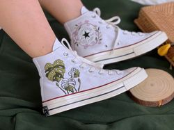 Embroidered Converse Chuck Taylors ,Embroidered Her Betel Tree,Custom Logo Orchids,Flower Converse