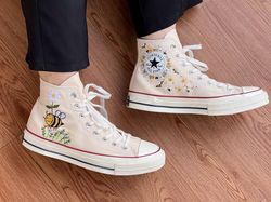 Bees Converse,Flower High Tops Bees ,Embroidered Sneakers Daisies And Sunflowers,Honey Bee