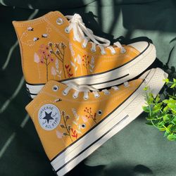 Converse,Converse Embroidered Clusters Of Sunflowers And Roses,Butterfly Converse,Custom Logo Shoes