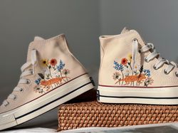 Flower Converse,Custom Converse Pet,Embroidered Converse,Garden Of Sunflowers And Daisies And Lizards