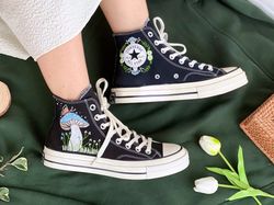 Custom Converse Blue,Converse High Tops,Custom Logo Rocket,Embroidered With Rainbows And Universe