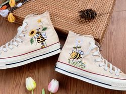 Bees Converse,Converse High Tops Bees And Flowers,Embroidered Sneakers Daisies And Sunflowers,Bee Embroidery Design