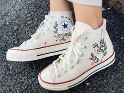 Embroidered Converse,Custom Converse Flowers,Leaves Faces,Embroidered Sneakers Leaves,Converse Embroidery Chuck Taylor 1