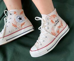 Embroidered Converse,Custom Converse Orange Tree Leaves Cover The Wedding Day And Name,Custom Logo Leaves,Gift For Her