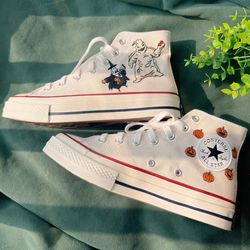 Embroidered Converse,Custom Logo Pumpkin Converse,Embroidered Halloween Animation And Flower,Converse High Tops Chuck Ta