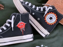 Embroidered Converse,Custom Symbol Converse,Custom Converse Eyes And Lips,Embroidered Logo Sun,Converse High Tops,Embroi