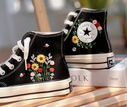Embroidered Converse,Floral Converse,Converse Embroidered Clusters Of Sunflowers And Roses,Butterfly Converse,Custom Log
