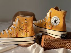 Embroidered Converse,Floral Converse,Custom Converse Colorful Bees And Flower Garden,Custom Logo Converse Chuck Taylors