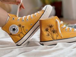 Embroidered Converse,Floral Converse,Custom Converse White Dandelion,Embroidered Logo,Converse High Tops Chuck Taylors 1