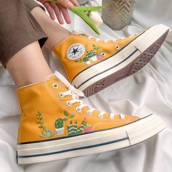 Embroidered Converse,Flower Converse,Converse High Tops Chuck Taylor 1970s,Custom Logo Flowers,Embroidered Pot Of Plant