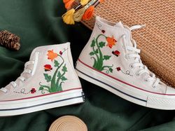 Embroidered Converse,Flower Converse,Custom Converse Orange Flowers,Vines And Red Ladybugs,Embroidered Converse High Top