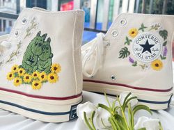 Embroidered Converse,Flower Converse,Custom Converse Pet,Embroidered Converse High Tops Blue Bear And Sunflower Couple,M