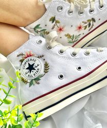Embroidered Converse,Flower Converse,Embroidered Pink Flower And Leaves,Converse High Tops Chuck Taylor 1970s,Gift For M