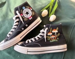 Embroidered Converse,Mushroom Converse,Converse High Tops Chuck Taylor 1970s,Custom Logo Mushrooms,Flowers,Embroidered O