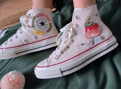 Embroidered Converse,Mushroom Converse,Embroidered Big Red Mushrooms,Fairies And Flower,Converse High Tops Chuck Taylor