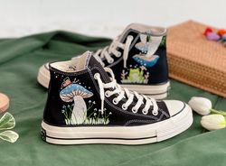 Embroidered Converse,Mushroom Converse,Embroidered Blue Mushrooms, Monarch Butterflies And Wildflowers,Converse High Top