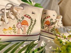 Mushroom Converse,Embroidered Orange mushrooms And Flower,Converse High Tops Chuck Taylor 1970s