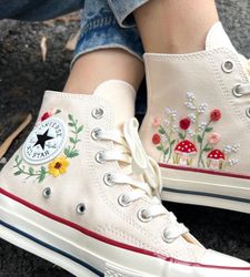 Embroidered Rose And Mushroom Garden,Converse High Tops Chuck Taylor1970,FlowerConverse,Gift For Her