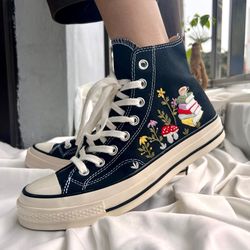 Embroidered Converse,Mushroom Converse,Embroidered Sneakers Mushroom Flower Forest And Stack Of Books,Converse High Tops