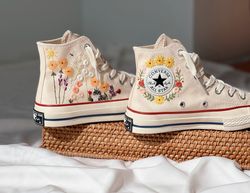 Embroidered Converse,Sunflower Converse,Custom Converse Pet,Embroidered Converse High Tops Butterfly Cat And Sweet Sunfl