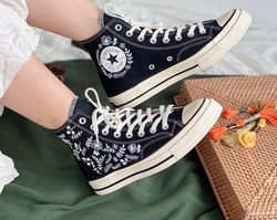 Floral Converse,Embroidered Converse,Custom Converse Flower And Leaf Pattern,Embroidered Logo,Embroidered Flowers