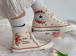 Wedding Converse,Flower Converse,Embroidered Converse,Custom Converse Wedding Name And Date,Embroidered Converse High To
