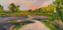 ORIGINAL OIL PAINTING River Lake landscape sunset picture on the wall