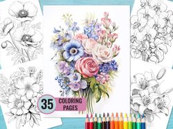 Flower Bouquet Coloring Book, 35 Printable PDF Pages for Adults and Kids, Grayscale Coloring Page, Instant Download