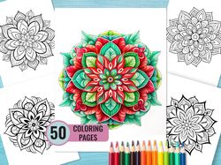 Mandala Coloring Book, 50 Printable Pages for Adult and Kids, Relaxation Coloring Pages, Instant Download Mandala Pack