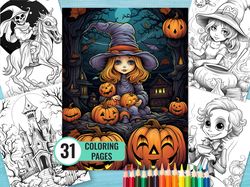 Halloween Coloring Pages, 31 Printable Spooky Page for Kids and Adult, Witch Grayscale Coloring Book, Instant Download