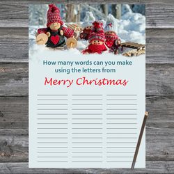 Christmas party games,How Many Words Can You Make From Merry Christmas,Christmas gnomes Christmas Trivia Game Cards