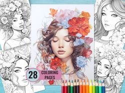 female portrait coloring book, 28 printable floral woman pages for adult, relaxation coloring pages, instant download