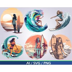 Surfer Girl SVG Digital Download Bundle girl surfing clip art surfer png waves and beach surf for sublimation for cricut