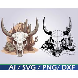 Boho Bull Skull Desert Cactus SVG Digital Download Western Cow Skull PNG Bull skull svg Floral cow skull clip art