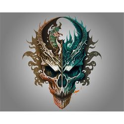 Dual Tone Horned Dragon Skull PNG Digital Download, Green and Gold Dragon Skull, Dragon Artwork Skull Instant Download,