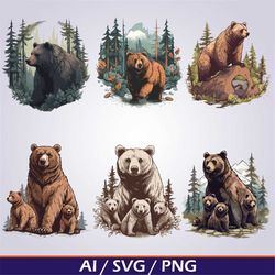 Bears SVG Bundle Digital Download, Mama bear with cubs clip art, family bear PNG Grizzly Bear in the Woods Outdoor Mount
