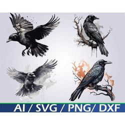 Crow SVG Digital Download Bundle, flying crow clip art pirched crow png bird svg halloween crow birds clip art unique cr