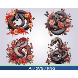 Snakes and Roses SVG Digital Download Bundle, Serpents with floral clip art, flowers and snakes png for sublimation, vip