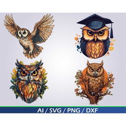 Owl SVG Digital Download Bundle, Graduation Owl png, flying owl clip art, perched owl in a tree clipart owl svg bundle f