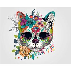 Colorful Cat Sugar Skull PNG Day of the Dead Instant kitty Digital Download, Cat Digital PNG file for cricut silhouette