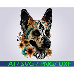 Unique German Shepard Sugar Skull Dog SVG Clipart Service Dog Merchandise Dog Lover Gifts Service Dog svg German Shepard